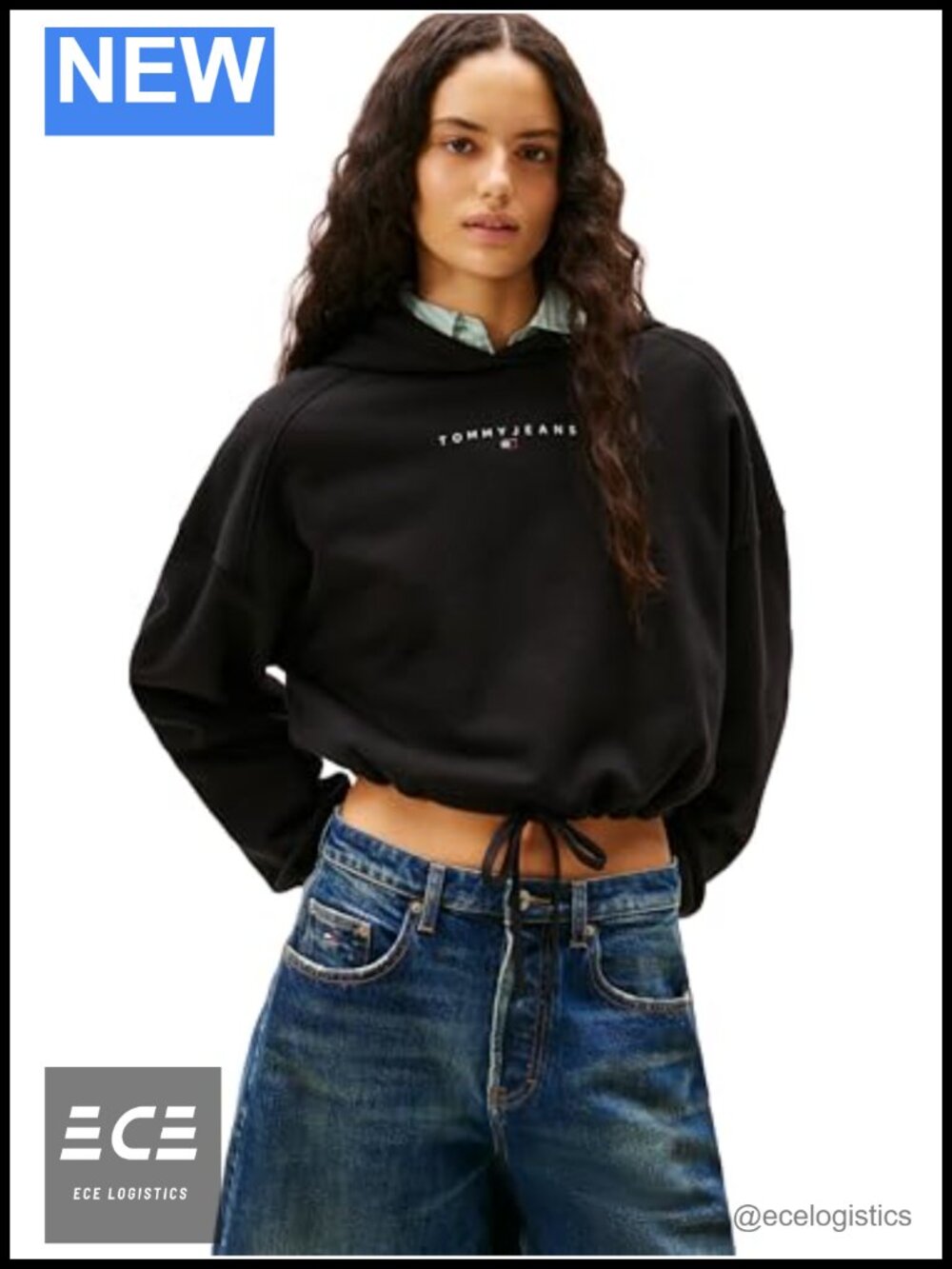 Cropped Hoodie with Rhinestone Logo Long Sleeve Pullover Boxy Fit Women